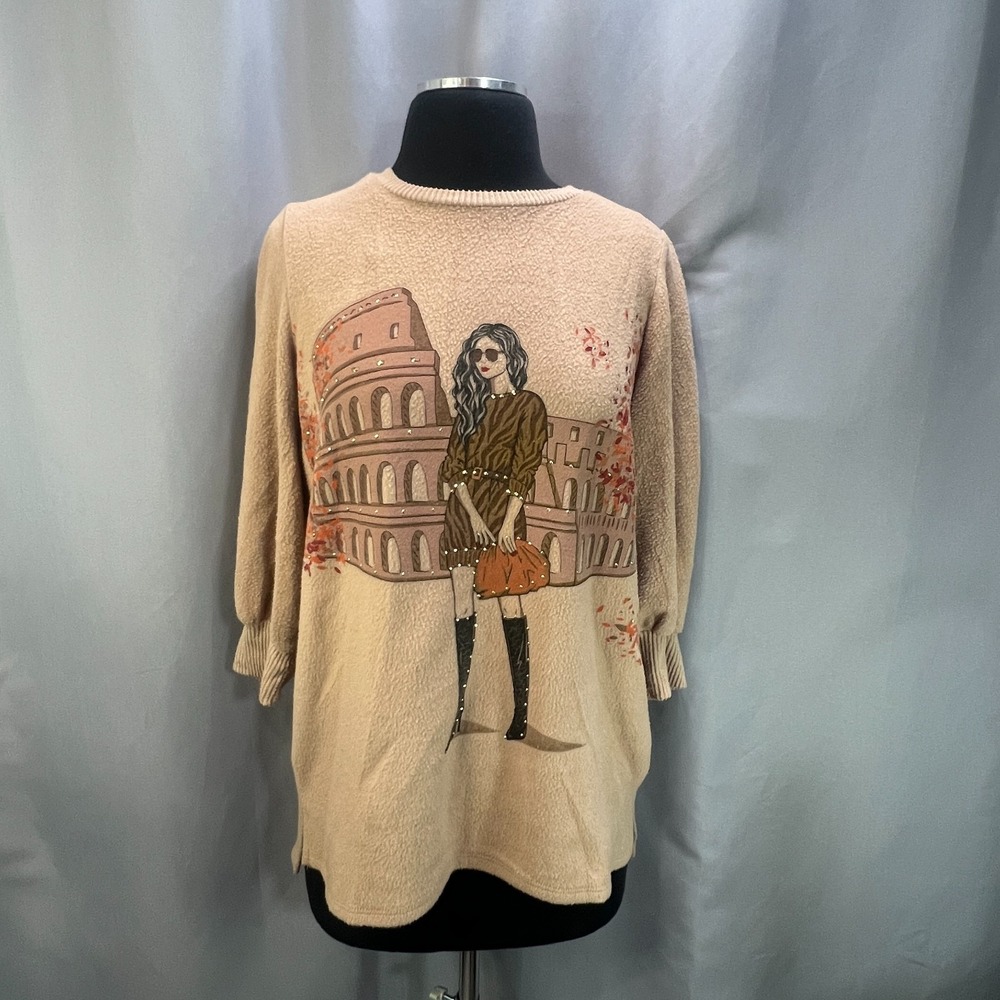 Love & Lace Sweater Womens Medium Beige Knit Graphic Print High Low Hem Winter